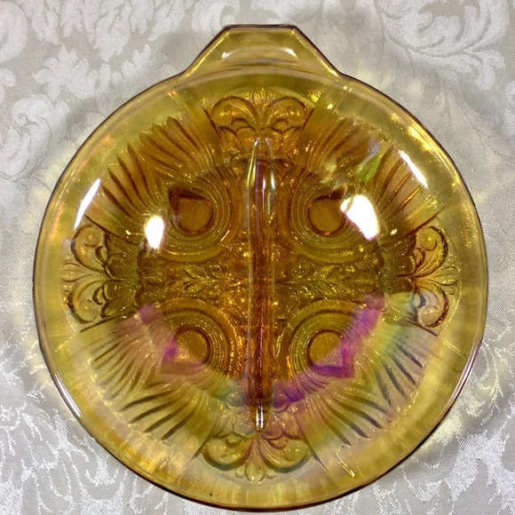 Vintage Carnival Glass Iridescent Marigold Footed Two Section Dish - Picture 3 of 7